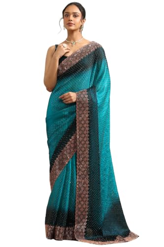 Soch Womens Turquoise Blue Fendy Organza Ombre Stone Embellished Saree