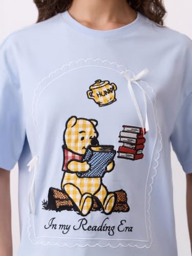 The Souled Store Winnie The Pooh: Reading Era Women and Girls Short Sleeves Round Neck Light Blue Embellished Cotton Oversized Breathable Comfortable Summer T-Shirts