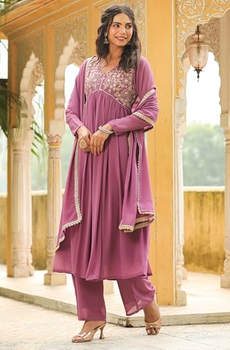 Janasya Lavender Yoke Embroidery Kurta with Palazzo & Dupatta For Women Georgette Fabric Latest Fashion
