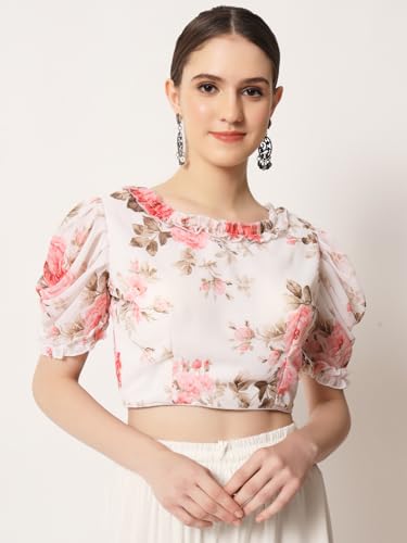 ANTHARI DESIGNER Women's Floral Printed Indian Ethnic wear Georgett Puffy Sleeve Round Neck Line Frill Pattern White Saree Blouse Simple Trendy Blouse White