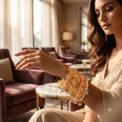 Nakabh Kashmiri Ghangharoo Glass Bangles Women, With Kashmiri 16 pcs, 2.8