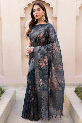 Soch Womens Green Chanderi Floral Print Saree With Zari Woven