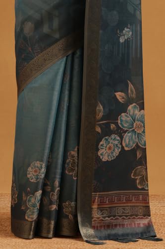 Soch Womens Blue Tissue Botanical Printed Saree