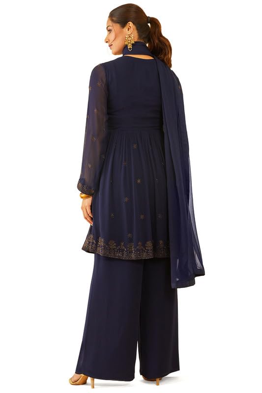 Soch Womens Navy Blue Embellished Georgette Alia Cut Suit Set