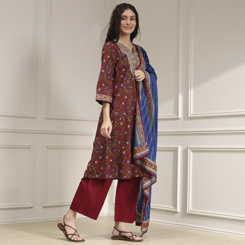 Biba Women Blue Rust Cotton A-Line Printed Kurta Set_32