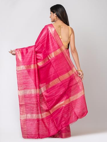 RACHBAI Women's Tussar Ghicha Golden zari Boader pure silk saree with Unstiched blouse (Pink)