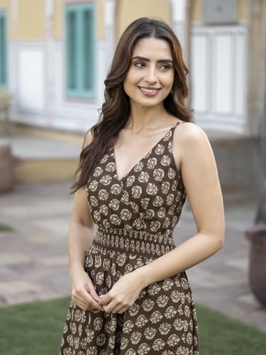 Divena Brown Floral Print Pure Cotton Fit & Flare Dress