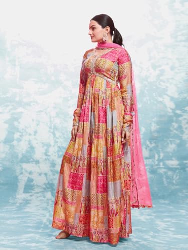 FUSIONIC Elegant Coral Print Gown with Dupatta