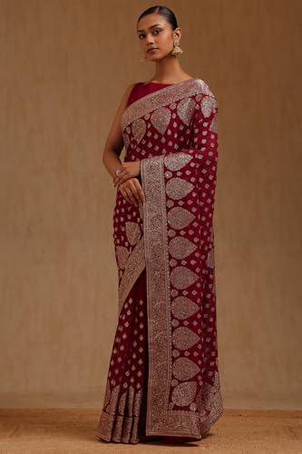 Soch Womens Fuchsia Georgette Embroidered Saree With Stone Work