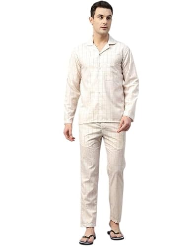 English Navy Men Checked Night Suit Beige S, Soft Breathable Fabric for a restful Night, Perfect for Bedtime and Home wear, Comfortable Relaxed fit for Lounging