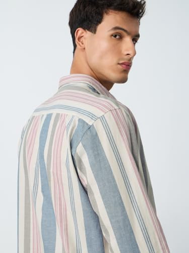 The Souled Store Cotton Linen Stripes: Marine Men and Boys Long Sleeves Collared Neck Button Front Regular Fit Lightweight Breathable Casual Cotton Linen Shirts Cream