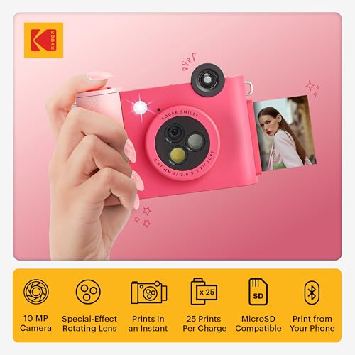 Kodak Smile+ 2-in-1 Digital Instant Print Camera & Printer Gift Bundle + Case + Zink 2x3 Sticky Back Photo Paper 20pk + Album + Sticker Sets + Sticker Frames + Hanging Frames + Markers - Fuchsia