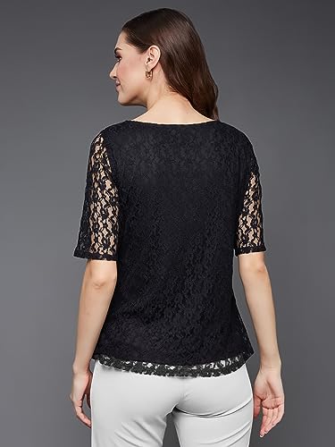 Miss Chase Women's Round Neck Half Sleeves Basic Lace Crop Top (MCAW25TP98-56-NOB-02, Obscura Black, XS)