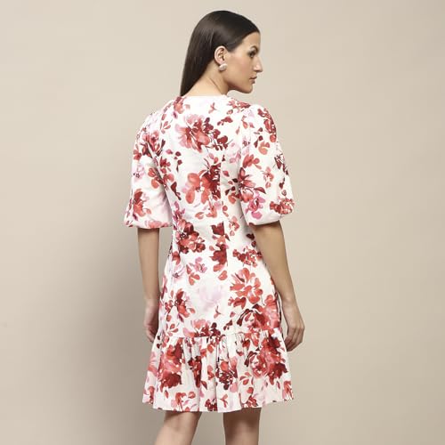 Madame Cotton Floral Print Tiered Red Mini Dress for Women