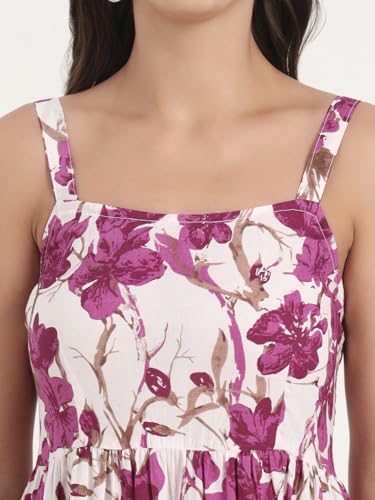 Divena Purple Printed Cotton Shoulder Strap Pompom Dress