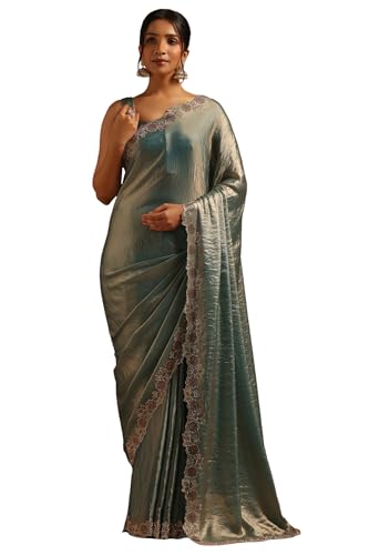 Soch Womens Light Teal Fendy Organza Saree With Swarovski Stone