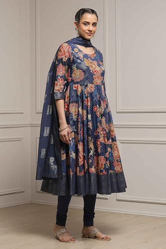 Biba Women Navy Cotton Anarkali Printed Suit Set_42