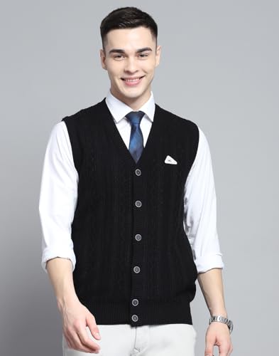 Monte Carlo Mens Self Design Black V Neck Sleeveless Cardigan_1243147SC-901