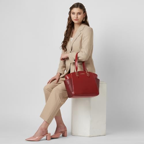 Caprese Macie Medium Alpine Oat Tote Bag for Women | Solid Faux Leather Shoulder Handbag with Spacious Interior & Zipper Closure | Fits Up to 16-Inch Laptop | Office & Travel Use (Cherry Lacquer)