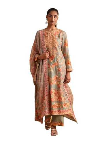 Ritu Kumar Green Floral Print Chanderi Kurta With Palazzo And Dupatta