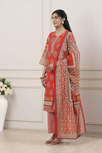 Biba Women Red Cotton Straight Suit Set_32