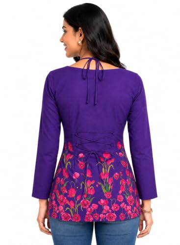 Threadflix Women Floral Printed Long Sleeve Tunic Top | Stylish Cut-Out Neck Casual Kurti | Corset Back & Laila Kurti | Soft Stretch Western Top for Women & Girls