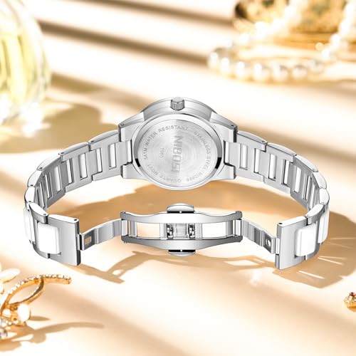 NIBOSI Watch for Woman Analog Quartz Rose Gold Stainless Steel Band Luxury Ladies Watch Stylish Diamond Rotating Pink Dial Wrist Watches Waterproof (Silver Pink)
