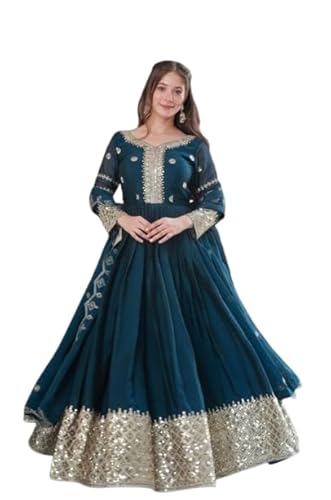 TILKI Fashion Women's Solid Embroidery Work Gown with Dupatta Long Sleeves and Round Neck Most Beautiful Havy Gown for Party | Wedding | Diwali |Any Occasion (in, Alpha, M, Regular, RAMA)