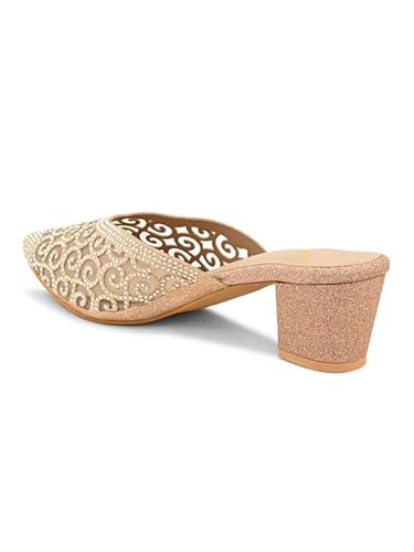 XE Looks Women's Gold Embellished & Stylish Block Heel Mules | Pointed Toe Slip-On with Intricate Rhinestone Design |Fancy & Charm Block Heels For Girls & Women