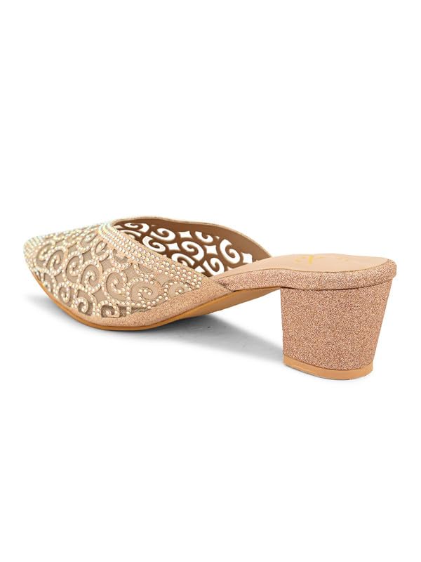 XE Looks Women's Gold Embellished Block Heel Mules | Pointed Toe Slip-On with Intricate Rhinestone Design | Stylish, Fancy & Charm Block Heels For Girls & Women