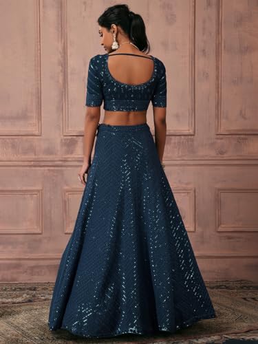 Zeel Clothing Women's Threads Sequins Embroidered Georgette Semi-Stitched Lehenga Choli With Dupatta (5089-Rama-Wedding-Stylish-Latest; Free Size)