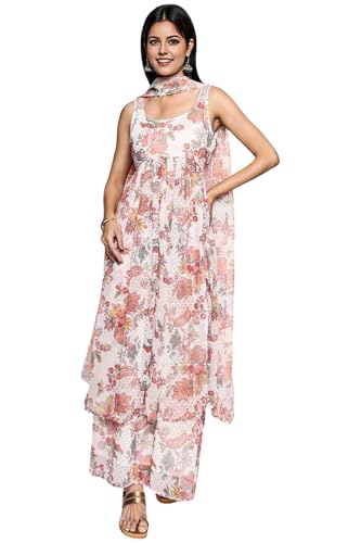 W for Woman Floral Printed Chiffon Flared Kurta with Palazzo and Dupatta Set - Off-White (WS13084-126491-XS)