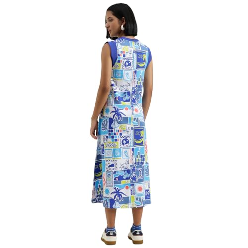 United Colors of Benetton Round Neck Printed Dress (Size : XS) - 26P3BL0DV01RG902 Blue