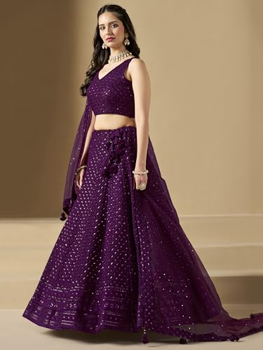 Zeel Clothing Women's Sequins Thread Embroidered Georgette Lehenga Choli With Dupatta (5124-Women-Lehenga-Choli-New; Free size) (Yellow) (Wine)