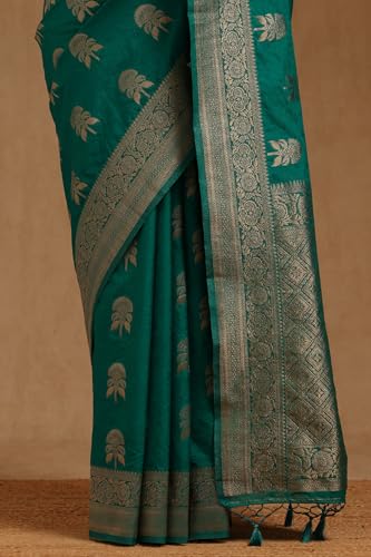 Soch Womens Teal Tussar Floral Zari Woven Saree