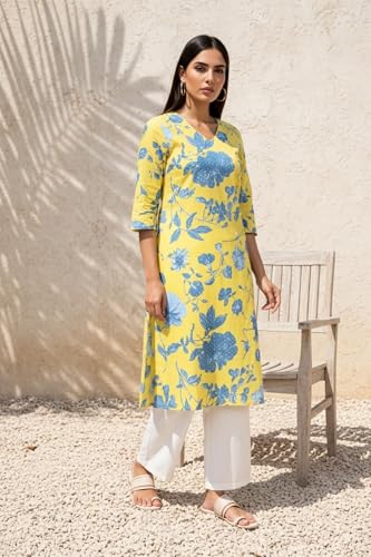 W for Woman Yellow Floral Printed Straight Cotton Kurta (W13510-127083-XL)