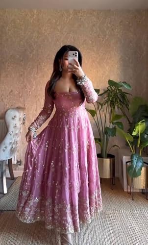 Women's Gown | Embroidery Work | Embroidered Heavy Fandy Silk Outfit | Designer Embroidered Dress with Dupatta || Long Sleeve Gowns (in, Alpha, M, Regular, Women, Light Purple)