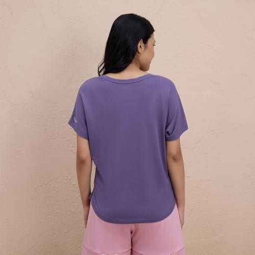 NYKD Buttery Soft Modal Cotton Graphic Tee for Women with Extended Sleeves – Comfortable Relaxed Fit, Stylish Design, Model NYS948 Purple