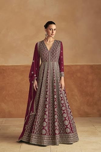 Miss Ethnik Women's Maroon Chinon Stitched Gown With Dupatta Full Sleeve Embroidered A-Line Gown (MER-1236-Maroon-4XL)