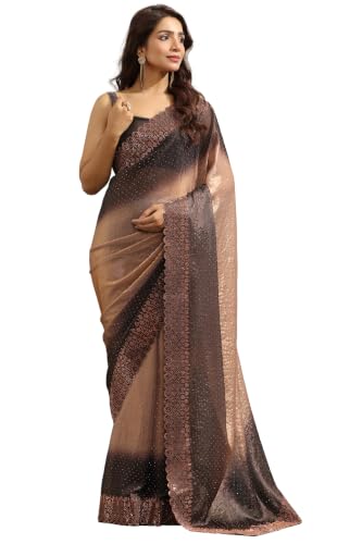 Soch Womens Brown Fendy Organza Ombre Stone Embellished Saree