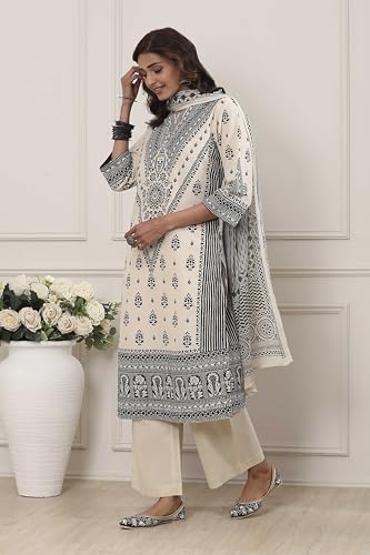 Biba Women White Cotton Straight Suit Set_38