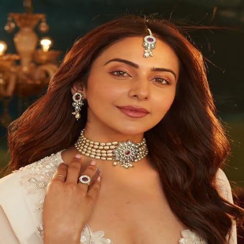 ACCESSHER Kundan Pearls Choker Set with Earrings, Maangtikka & Finger Ring with a Pair of Transparent Earring & Maangtikka Supporter Patch| For Women & Girls