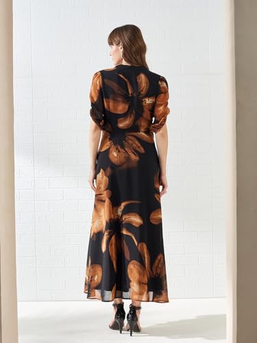 Latin Quarters Women's Brown Half Sleeves V-Neck Printed Casual Maxi Dress_S