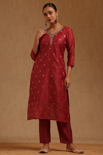 Soch Womens Deep Red Chanderi Embroidered Kurta Set With Mirror Work