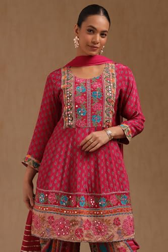 Soch Womens Fuchsia Crepe Floral Print Suit Set With Mirror Work