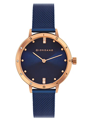 Giordano Analog Quartz Watch for Women with Round Dial, Two-Hand Display, Crystal-Studded Hour Markers and Bezel and Stainless Steel Mesh Strap - A2085