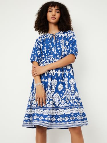 Max Women Printed A-line Dress (Blue_XL)