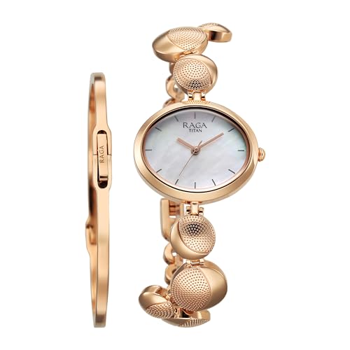 Titan Raga Power Pearls Quartz Analog Mother of Pearl Dial Metal Strap Watch for Women-NS2721WM01F