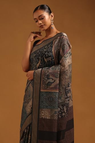 Soch Womens Blue Tussar Botanical Saree