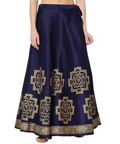 studio rasa Women's Dupion Hand Block Printed Bias Skirt for Wedding Festive Party (SKTC52408_Navy_Small)